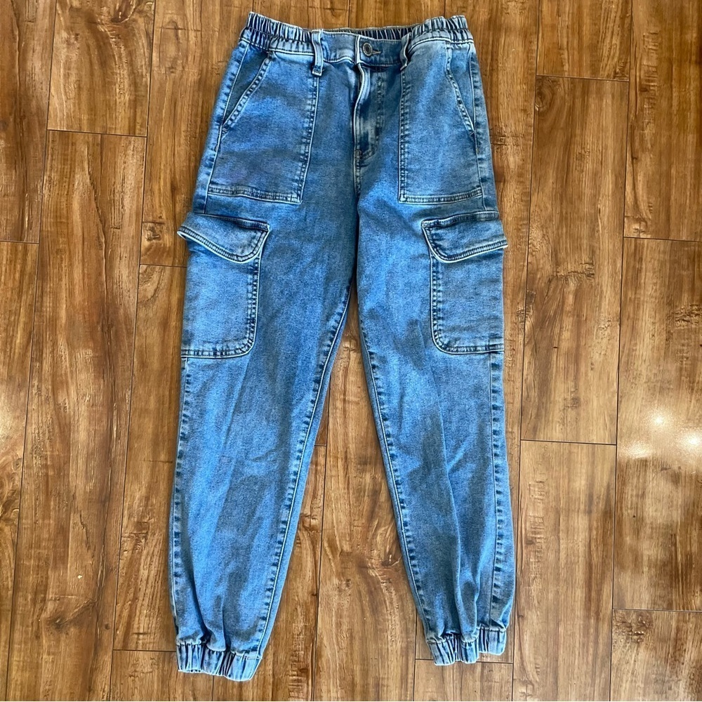 SO Women’s Blue High Waist Mom Jean Denim Cargo Joggers Pants Size 5 27 - Picture 1 of 10